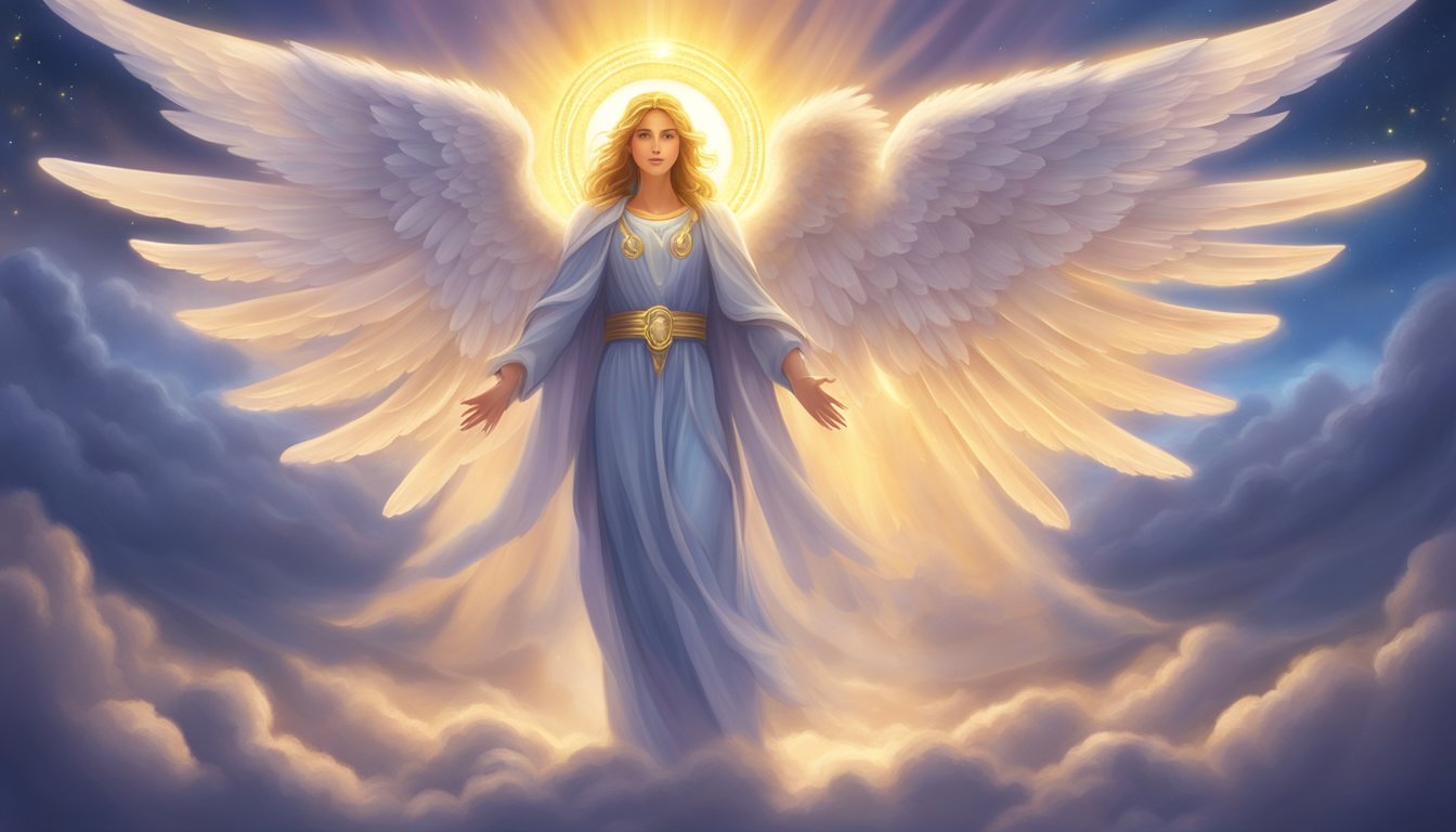 A glowing halo of angel numbers surrounds a radiant figure, representing manifestation and spiritual guidance