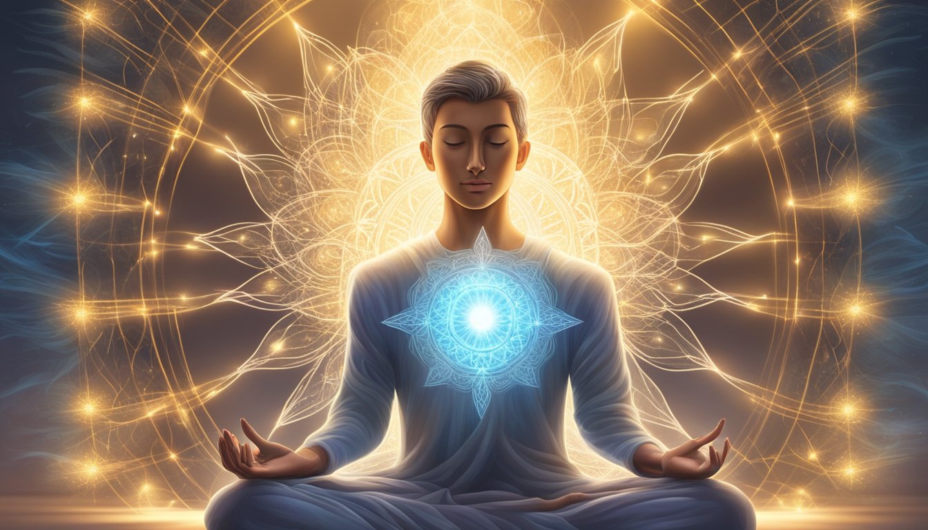 A figure meditates in a beam of light, surrounded by 33 glowing angelic symbols. The figure's aura radiates with divine energy, symbolizing a connection to their higher self