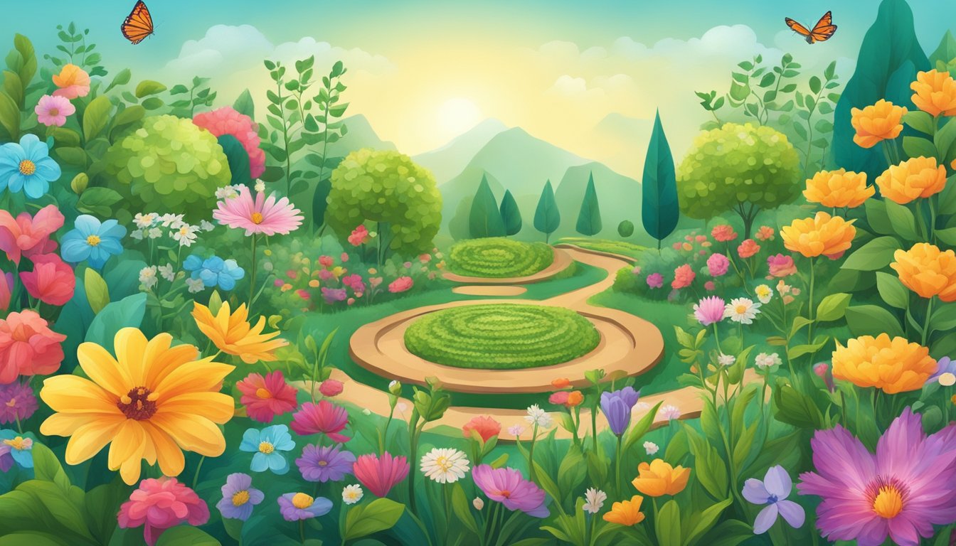 A vibrant garden with various plants and flowers blooming, surrounded by symbols of growth and expansion such as sprouting seeds and stretching vines