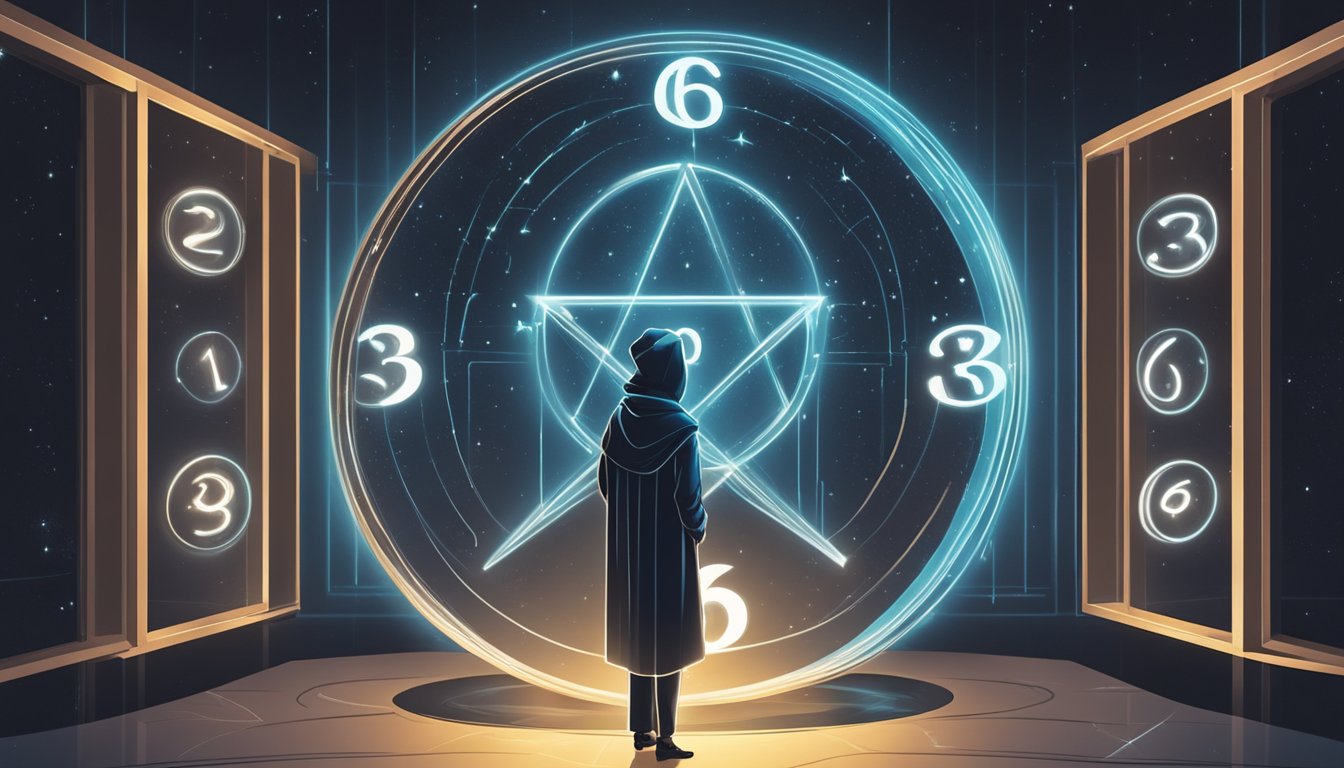 A glowing figure stands before a mirror, surrounded by the numbers 666 and 33, symbolizing reflection and life reset