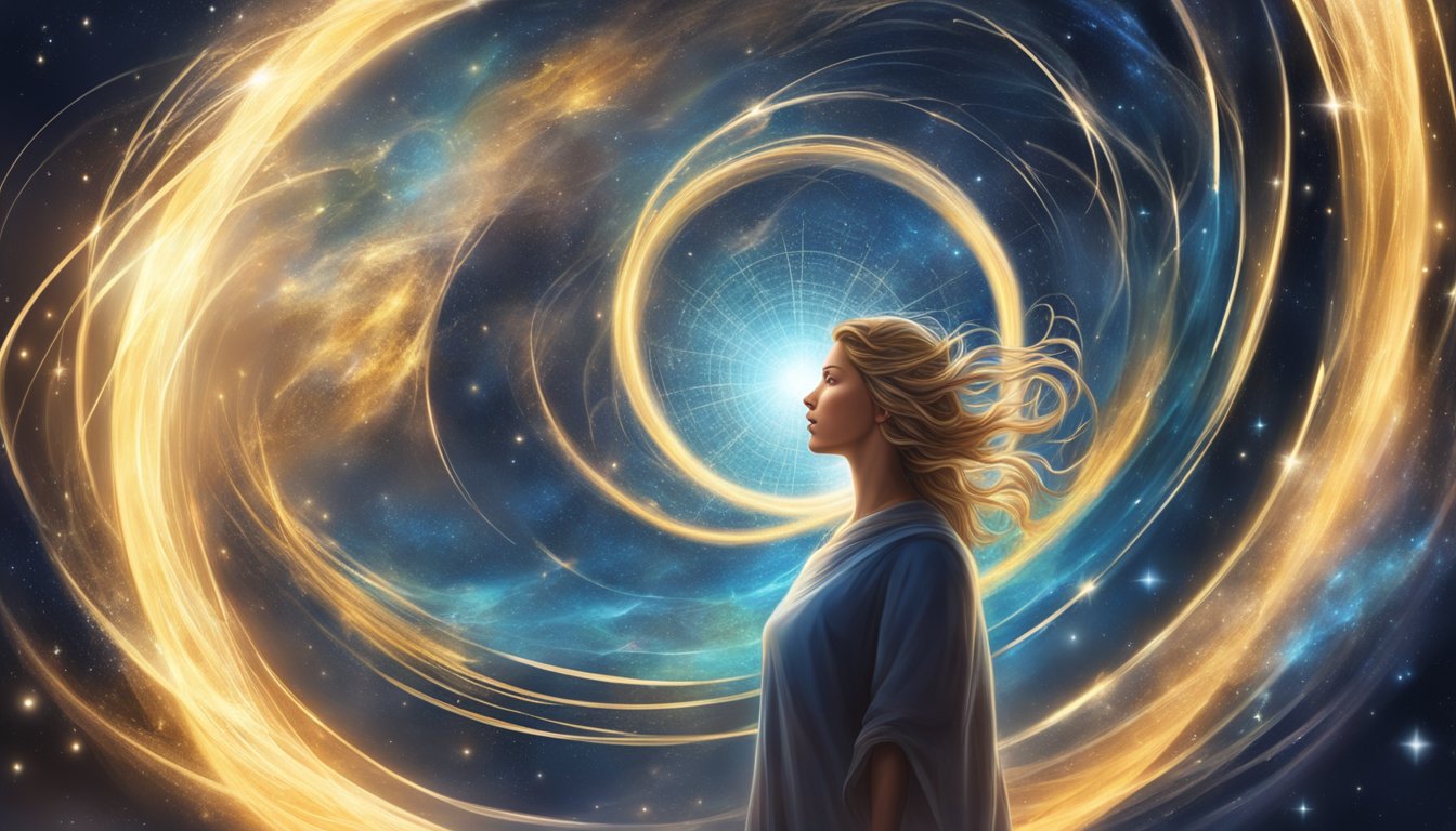 A glowing figure hovers above a swirling vortex, surrounded by celestial symbols and numbers. Light radiates from the figure, symbolizing change and transformation