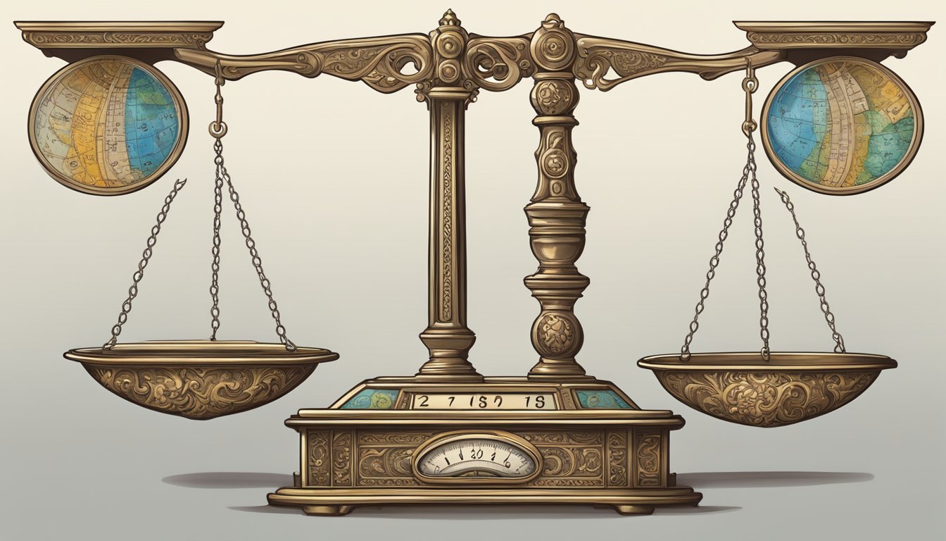 A scale with two sides, one labeled "effort" and the other "balance." The number 33 prominently displayed, surrounded by angelic symbols and imagery