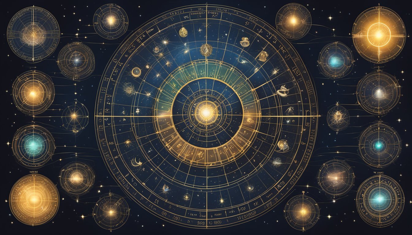 A glowing celestial chart with 33 prominent angel numbers, surrounded by ethereal symbols and celestial imagery