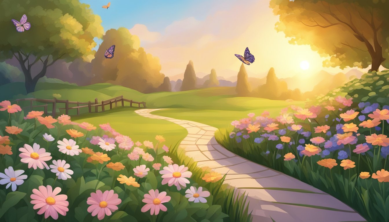 A serene garden with blooming flowers, a winding path, and a butterfly resting on a leaf.</p><p>The sun is setting, casting a warm glow over the scene