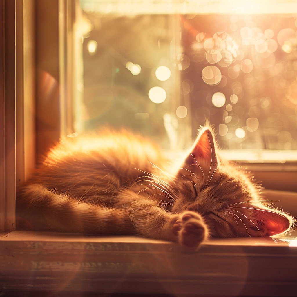 Cat napping in warm sunlight by window.