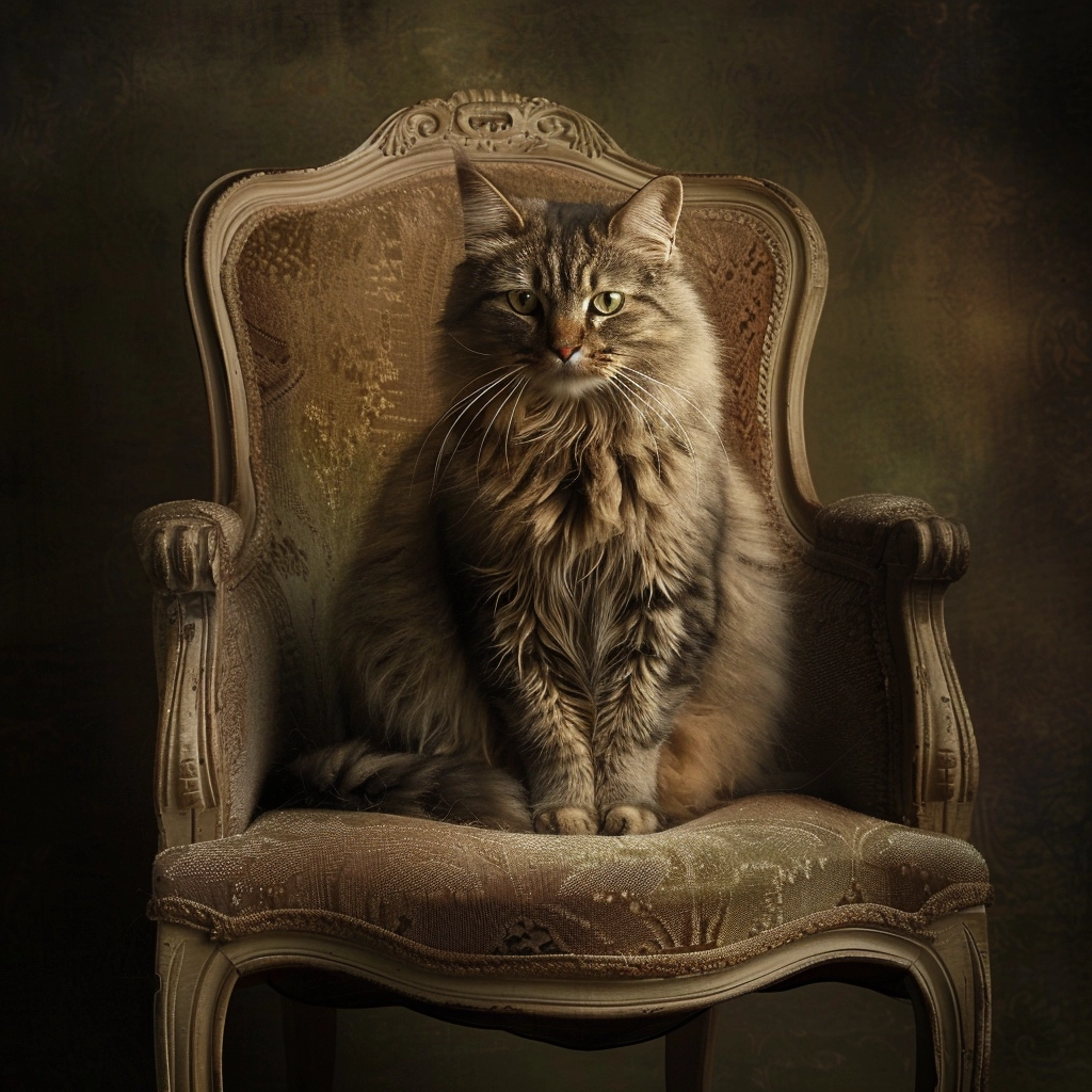 Majestic cat sitting on antique chair.