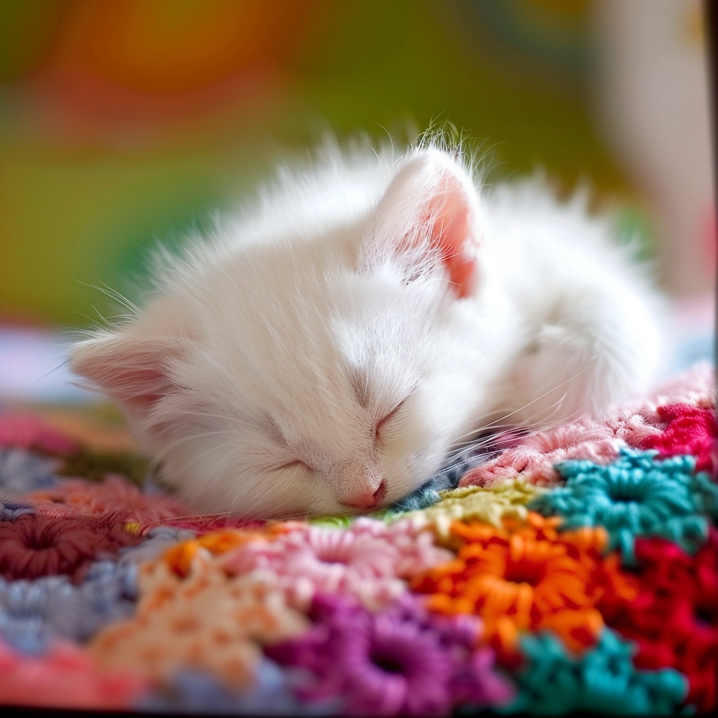 White kitten sleeping on colorful crochet blanket.