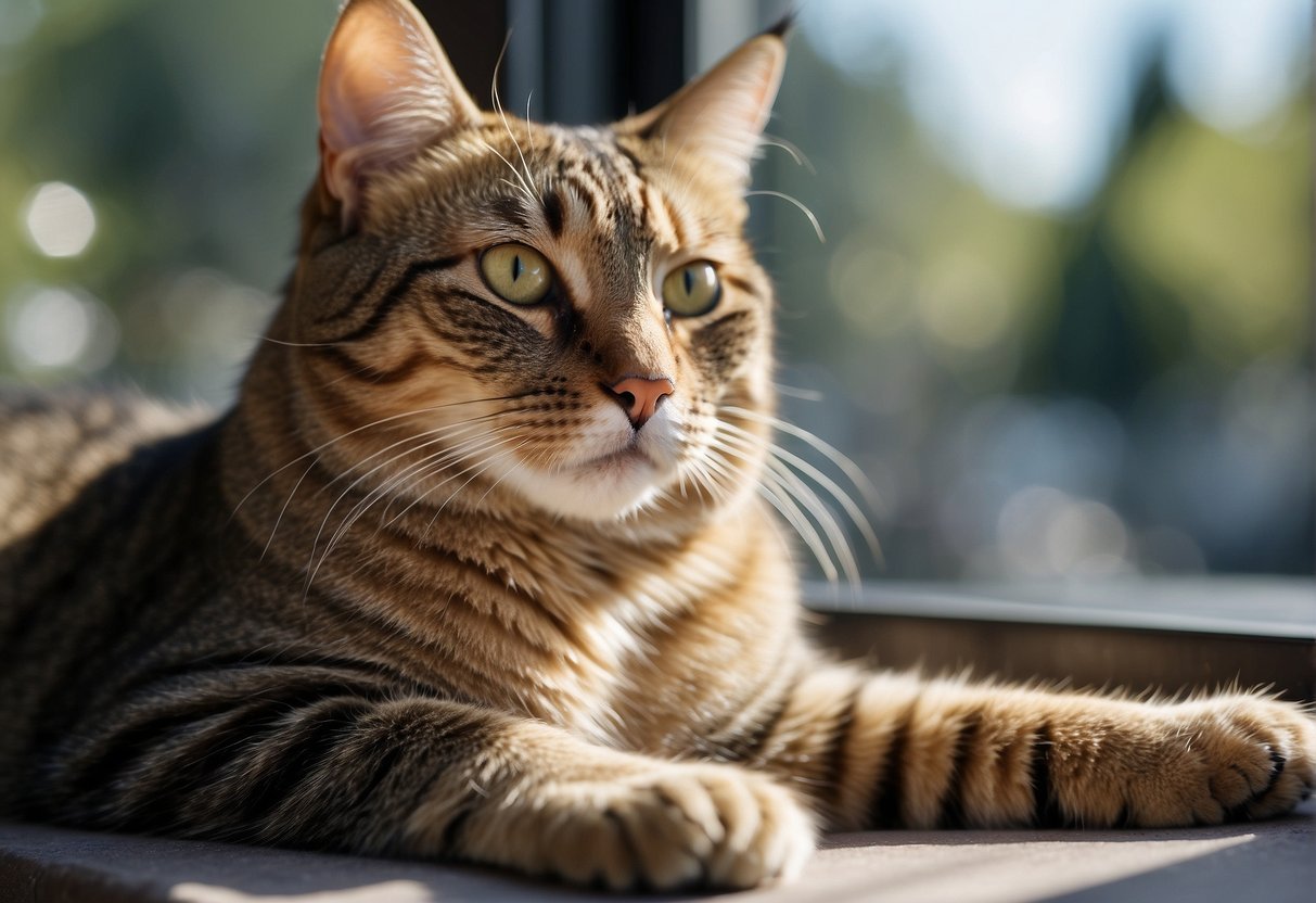 A tabby cat lounges on a sunny windowsill, gazing out at the world with contented eyes.</p><p>Its fur is sleek and well-groomed, and it appears relaxed and at ease in its surroundings