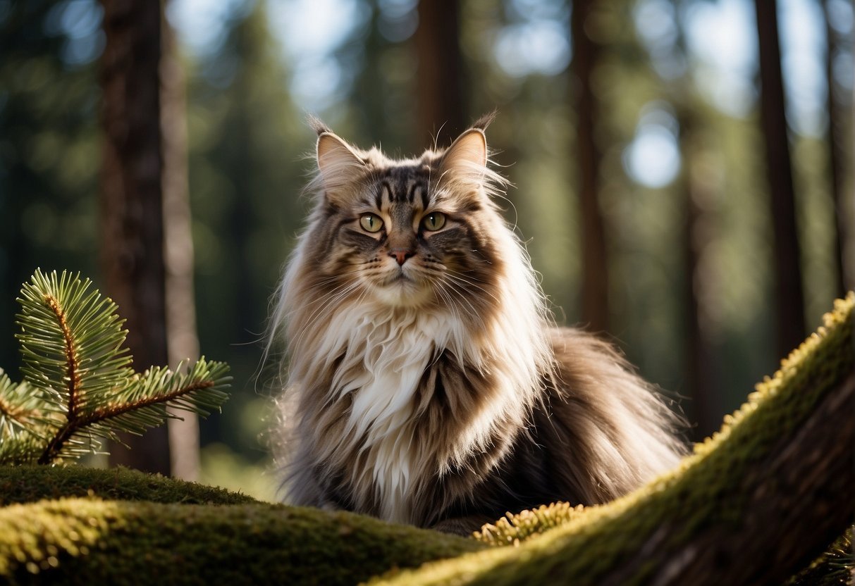 The Norwegian forest cat sits majestically among tall pine trees, its thick fur glistening in the sunlight.</p><p>A waterfall cascades in the background, symbolizing the breed's ancient roots in the rugged Norwegian wilderness