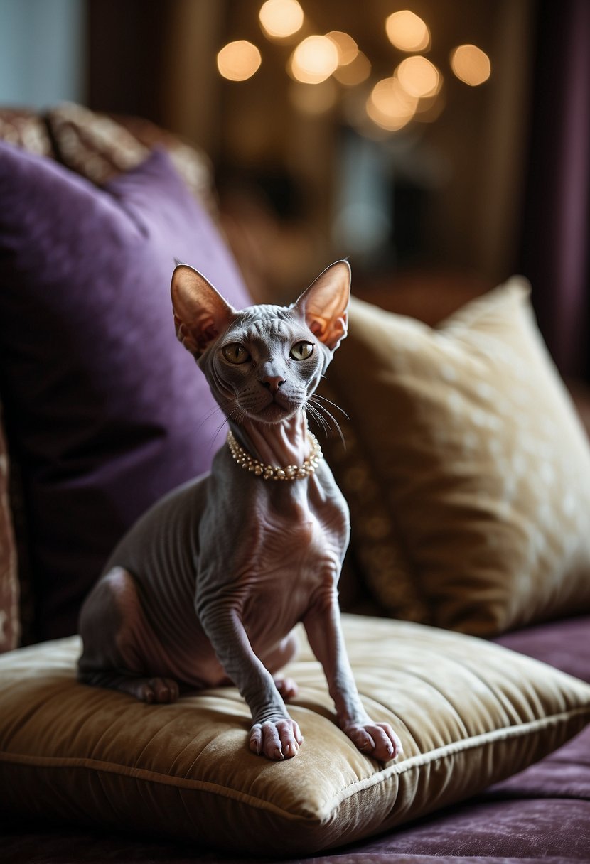 A sphynx cat lounges on a velvet cushion, surrounded by luxurious fabrics and elegant decor