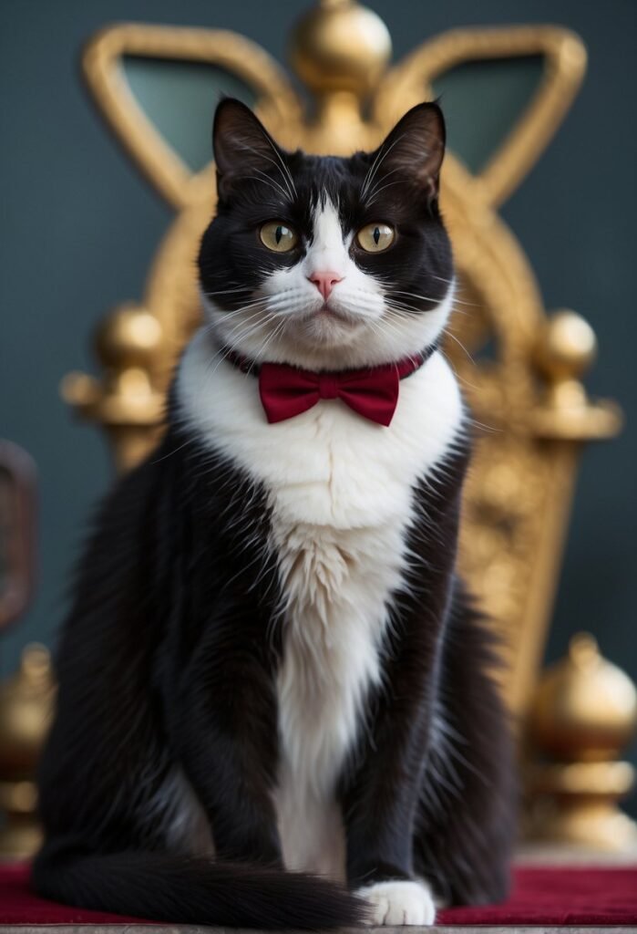 Tuxedo cat with red bow tie on royal throne.