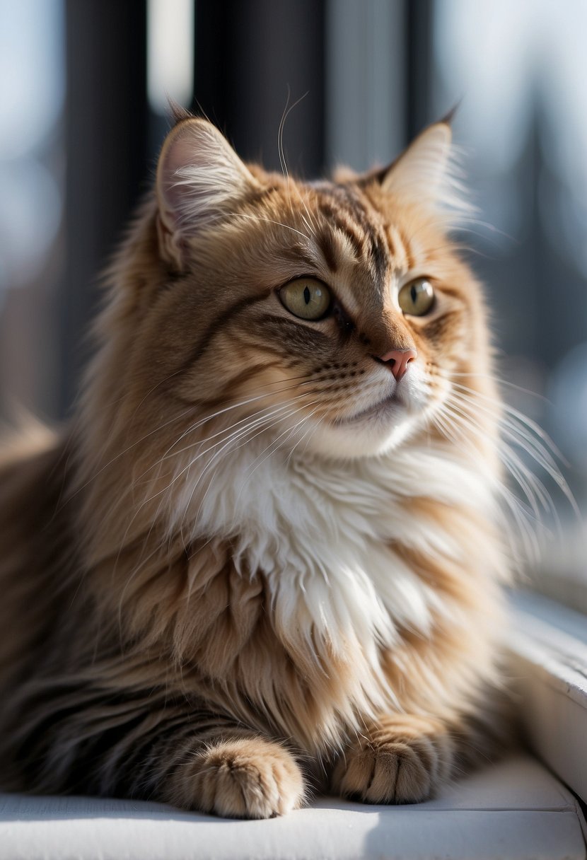 A Siberian cat lounges on a cushioned window perch, gazing out at a snowy landscape.</p><p>Its thick fur and alert posture convey a sense of elegance and independence