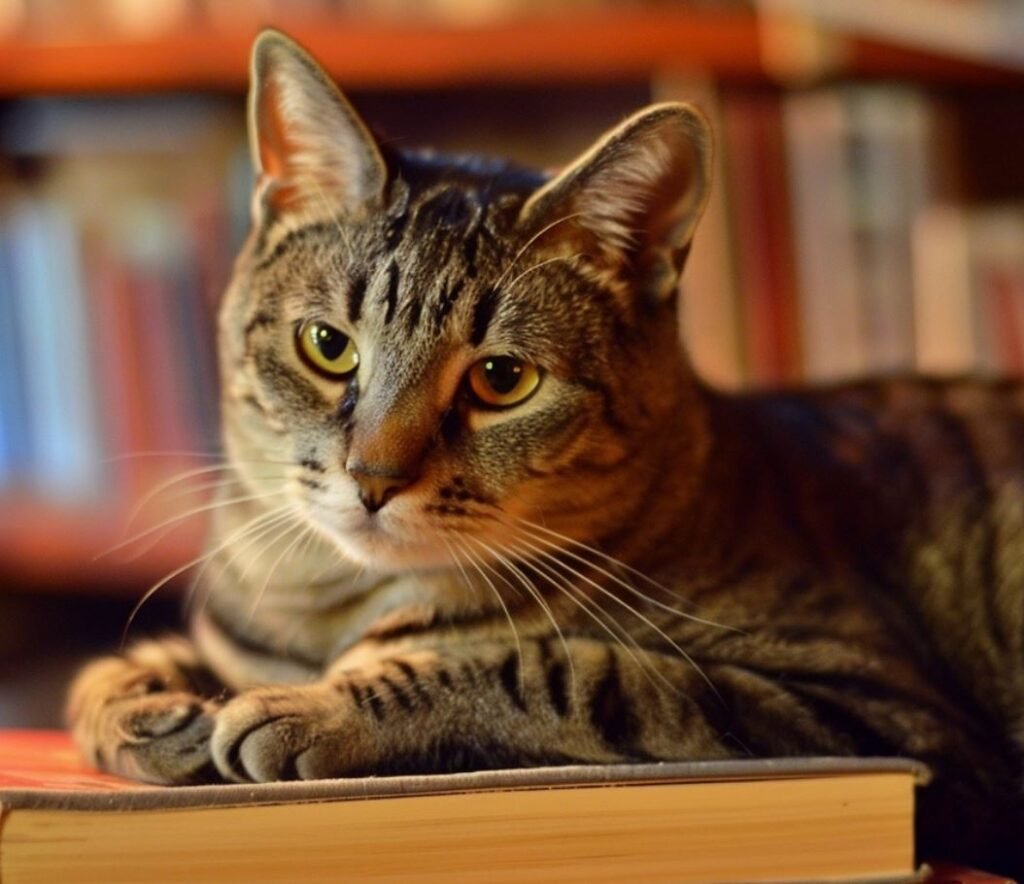 Tabby cat resting on a book in library.