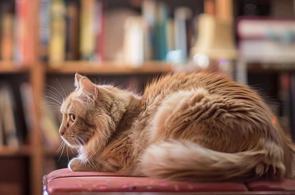 Orange cat relaxing on cushion near bookshelf.