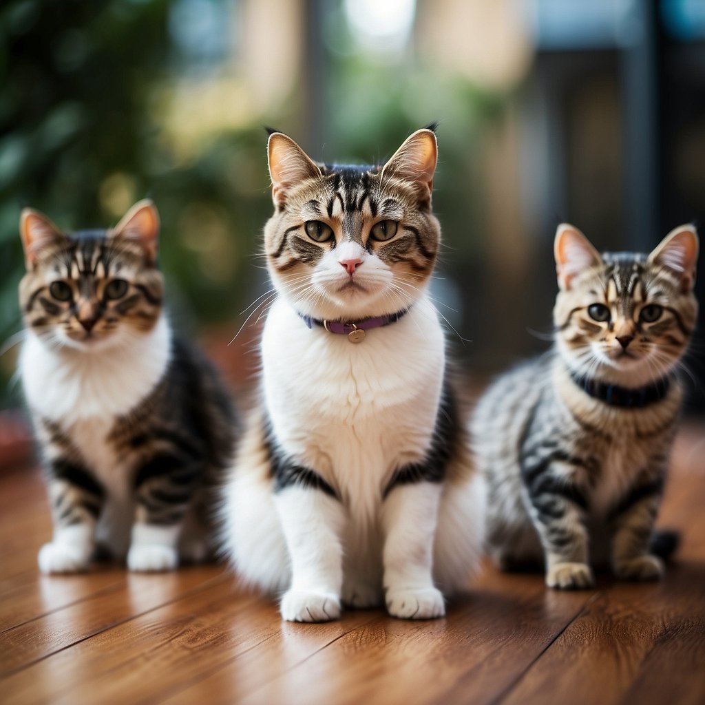 Three tabby cats posing indoors.