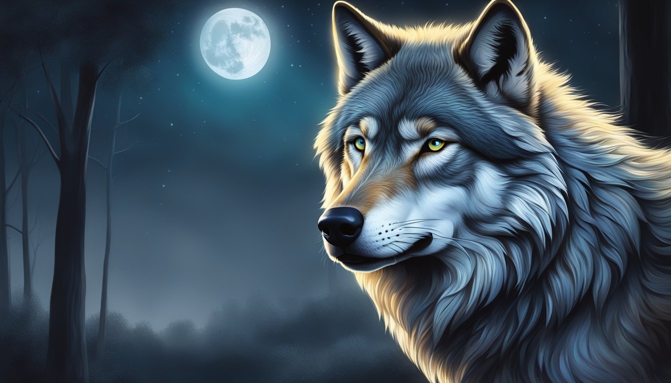 A majestic wolf emerges from the shadows, its piercing eyes locking with the viewer's. The moonlight illuminates its powerful form, exuding an aura of wisdom and strength