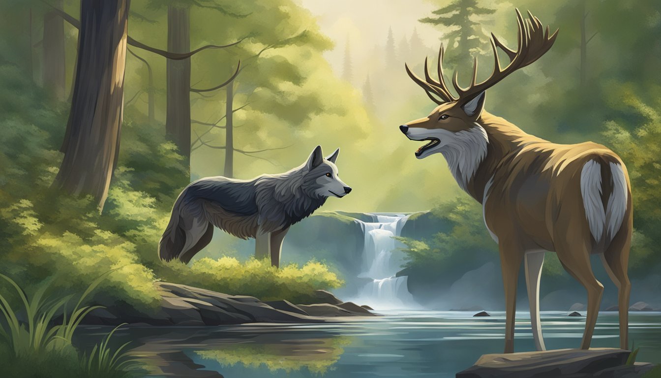 A wolf and a deer drinking peacefully from a clear stream in a lush forest, under the watchful gaze of an eagle soaring above