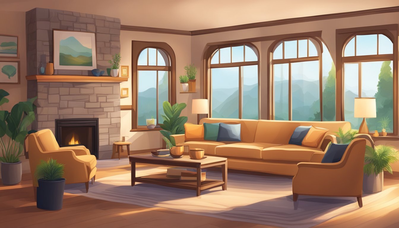 A cozy room with soft lighting, comfortable furniture, and warm colors, creating a welcoming and relaxing atmosphere