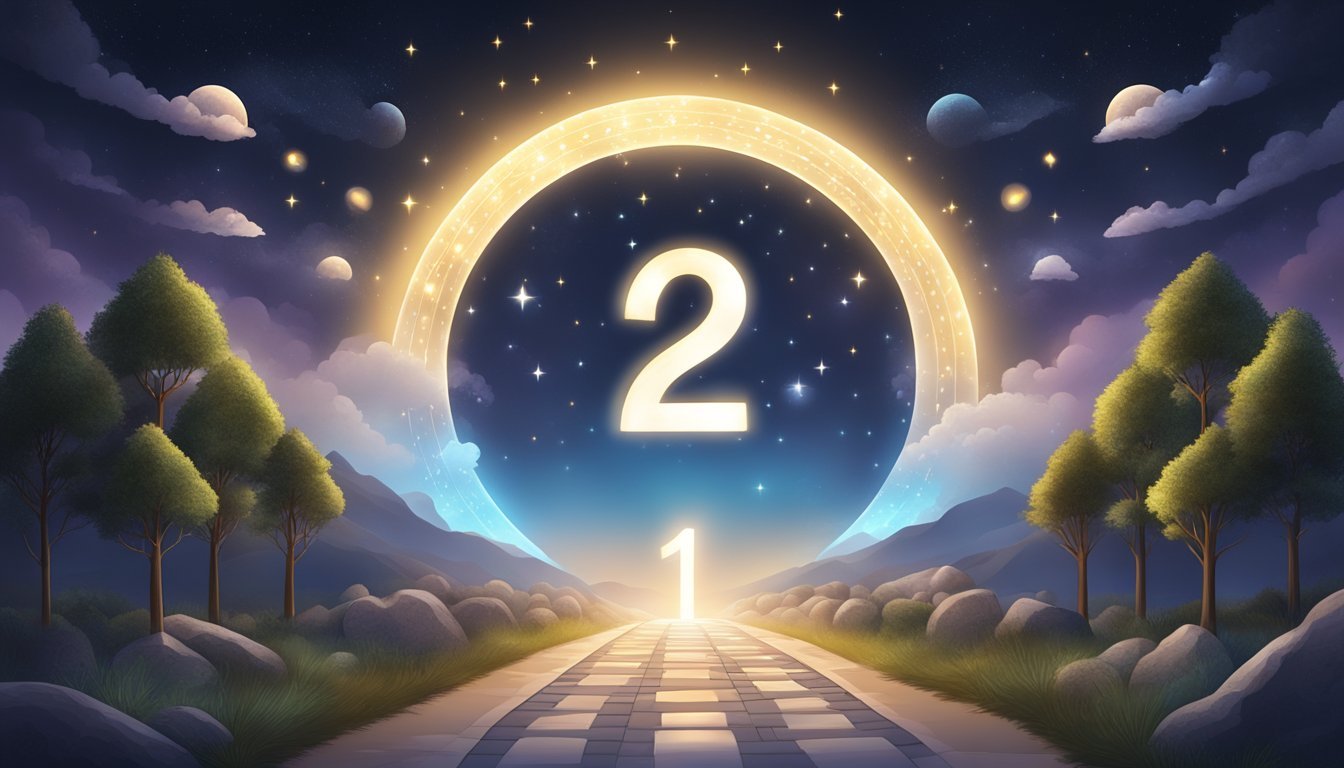 A glowing number 123 floating above a path, surrounded by celestial symbols and guiding lights