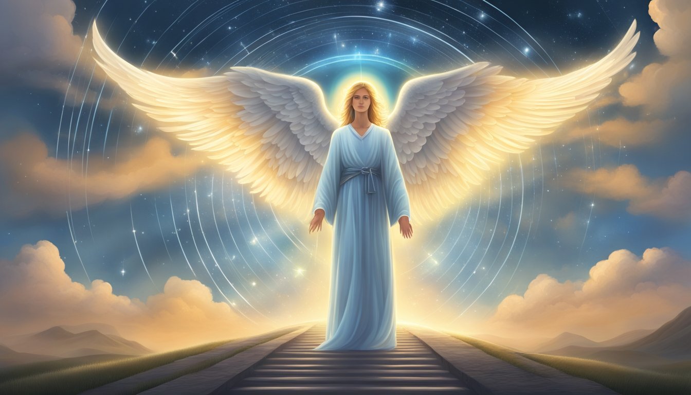 A glowing angelic figure stands before a path marked with the numbers 123, radiating a sense of spiritual guidance and significance