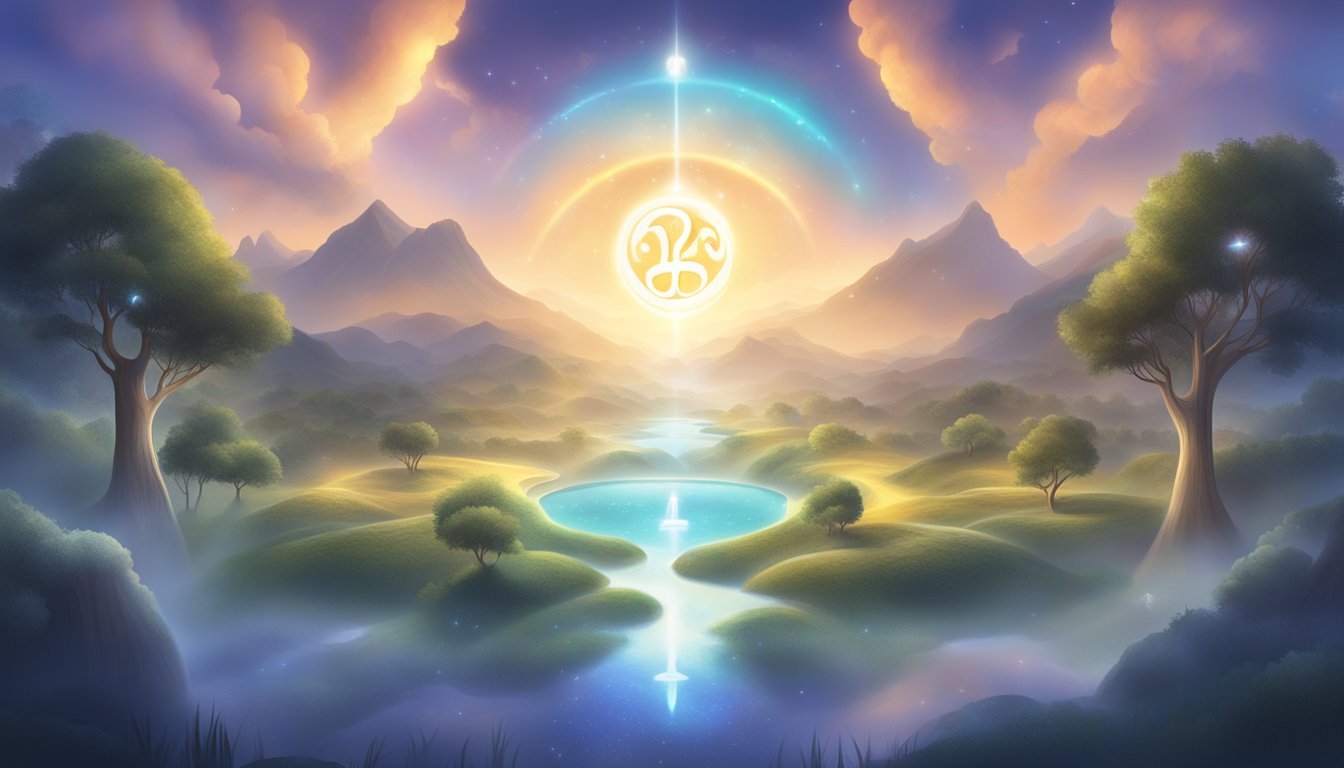 A glowing 123 symbol hovers above a serene landscape, surrounded by ethereal light and surrounded by affirmations in various languages