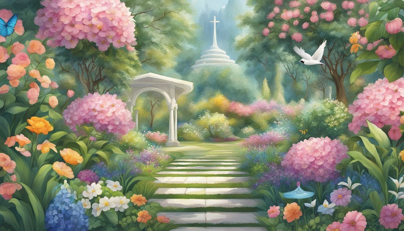 A serene garden with 311 flowers in bloom, surrounded by symbols of spirituality and peace