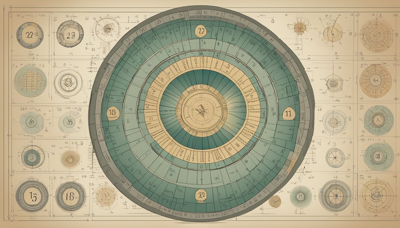 A table with the book "Grundlagen der Numerologie" open to page 1212, surrounded by various numerology symbols and charts