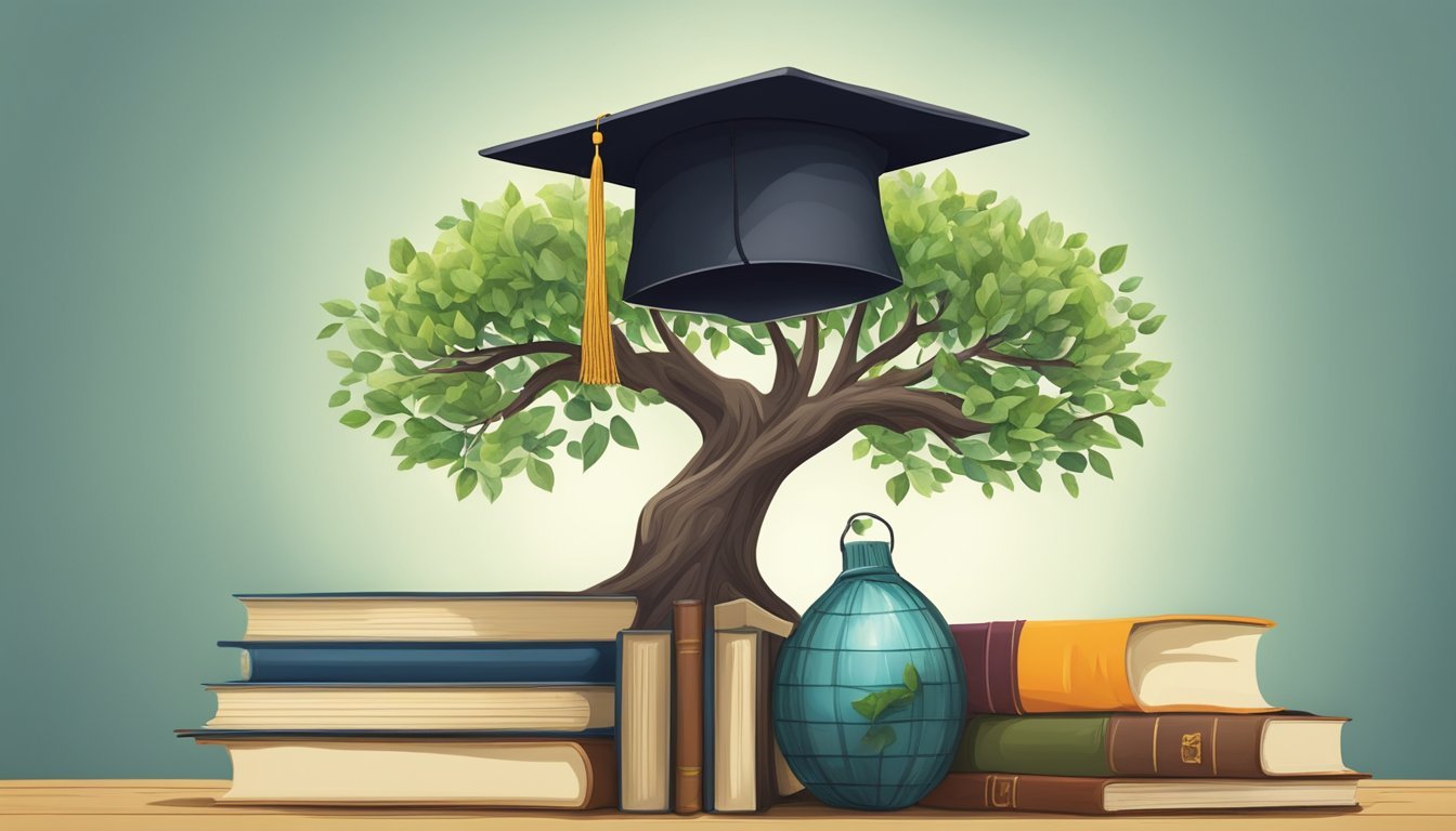 A tree growing from a small seed, surrounded by books and a graduation cap, symbolizing personal growth and the significance of the number 416