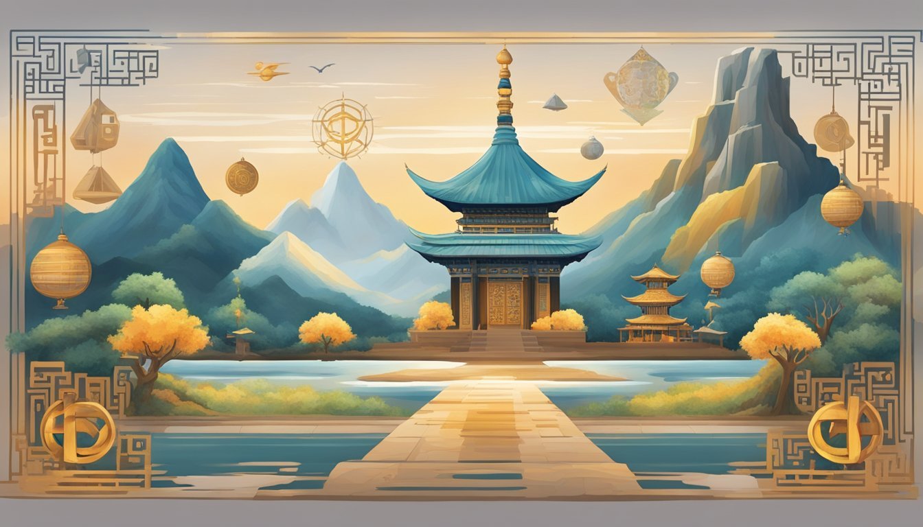 A serene setting with symbols and artifacts representing various cultures and belief systems, emphasizing the significance of the number 416