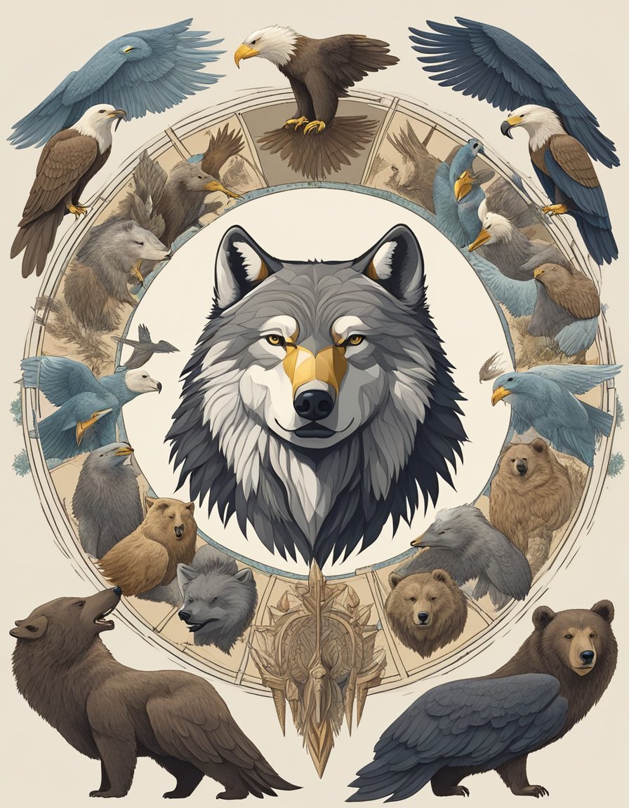 Various animals, such as wolf, eagle, and bear, surround a central figure in a circle, representing the top 20 spirit animals