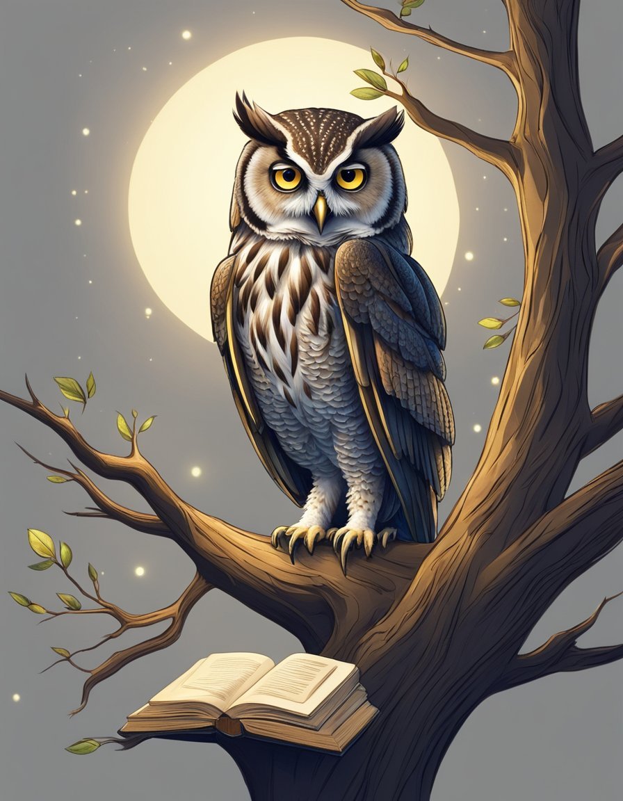 An owl perched on a tree branch, surrounded by books and a glowing light, symbolizing wisdom and knowledge