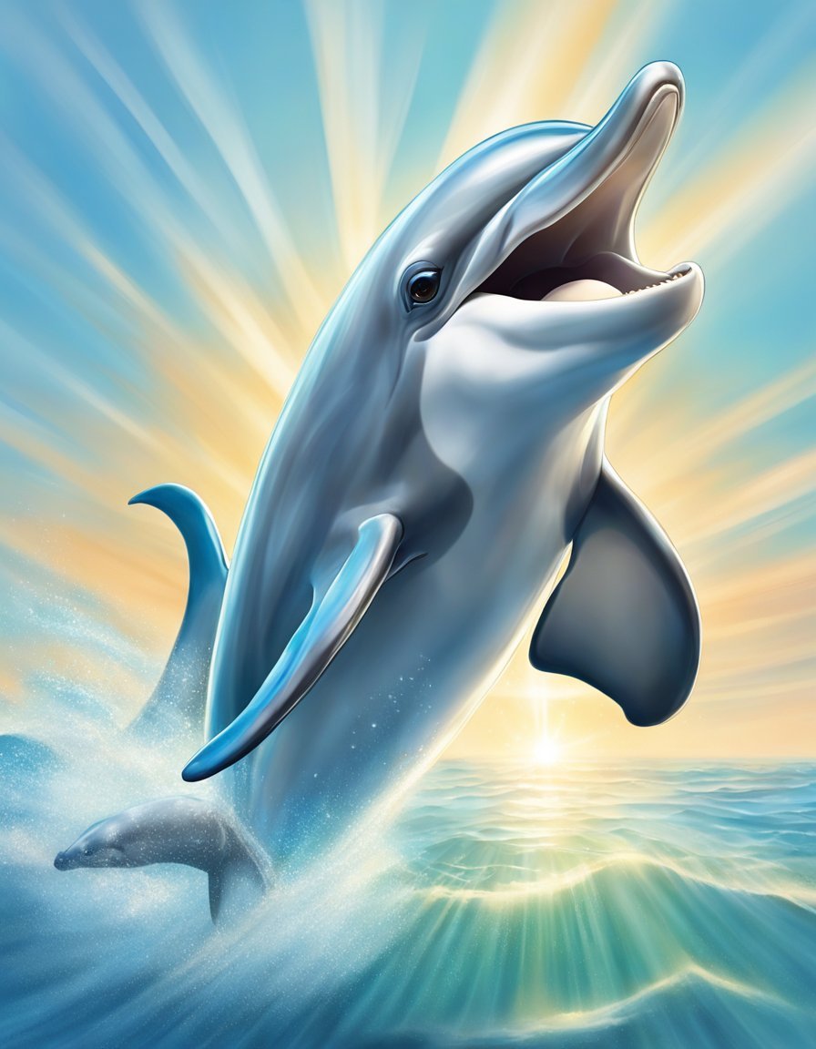 A dolphin jumps gracefully out of the water, its sleek body glistening in the sunlight.</p><p>It appears to be smiling as it playfully flips and twirls in the air, embodying the spirit of joy and freedom