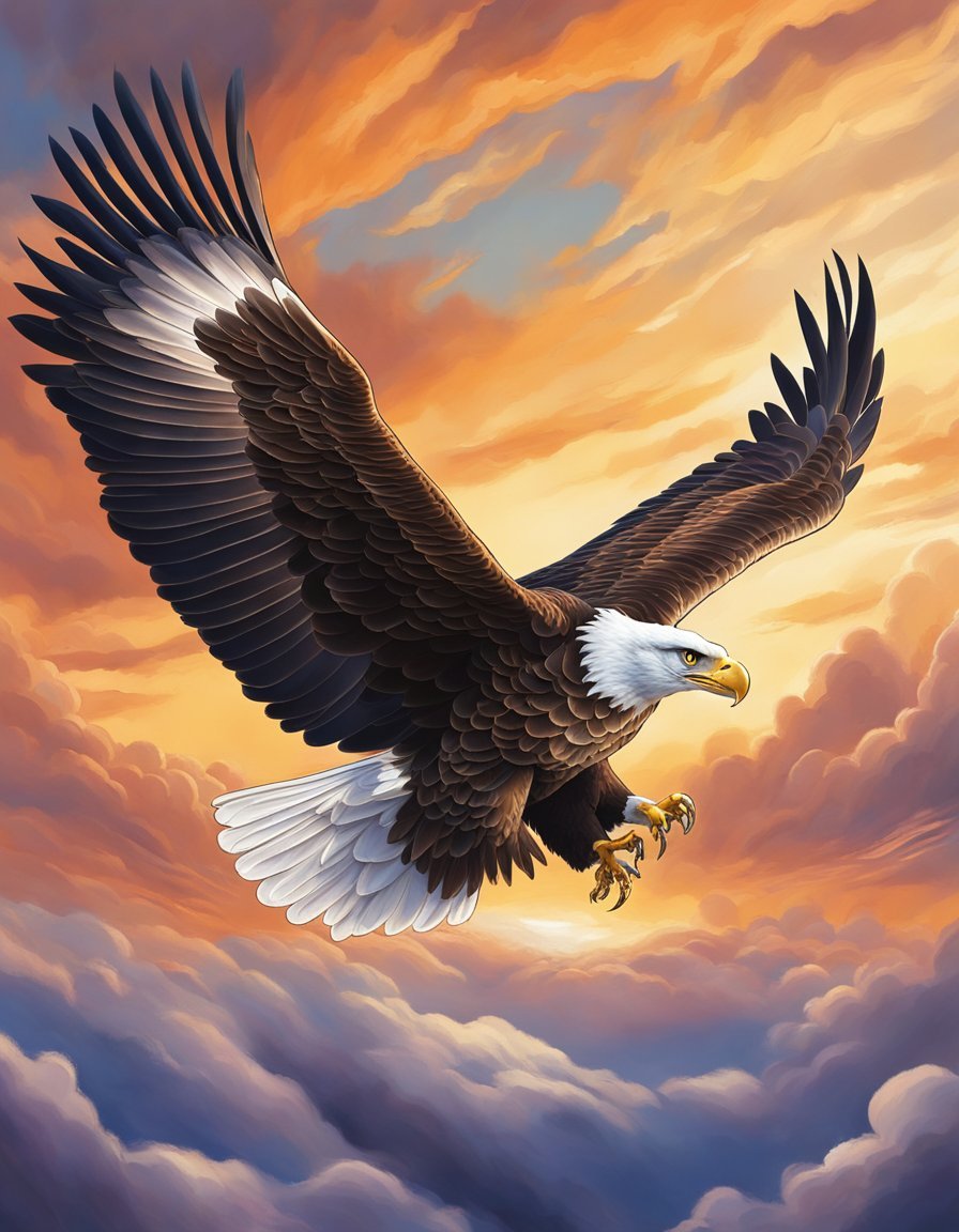 An eagle soaring majestically against a backdrop of a vibrant, cloud-streaked sky, its wings outstretched in a display of power and grace