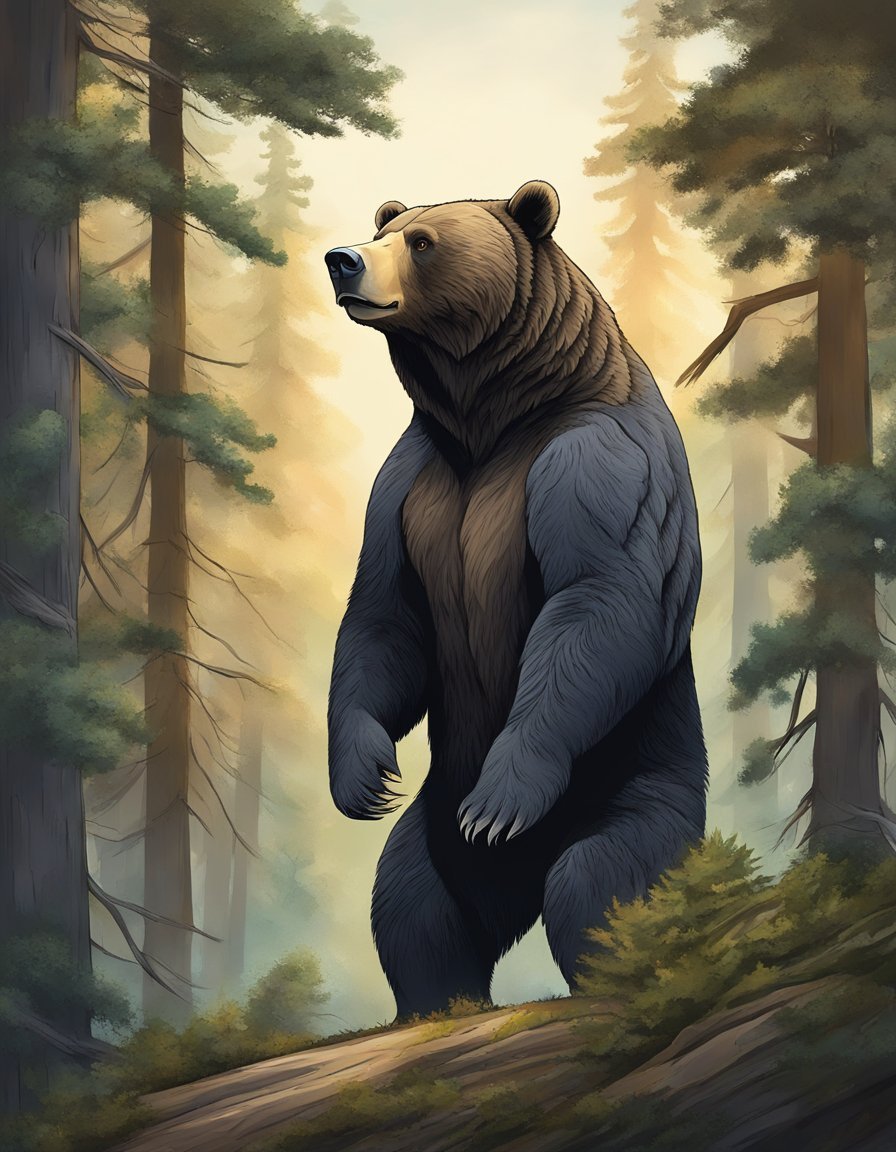 A powerful bear stands tall, exuding strength and confidence, surrounded by a majestic forest backdrop