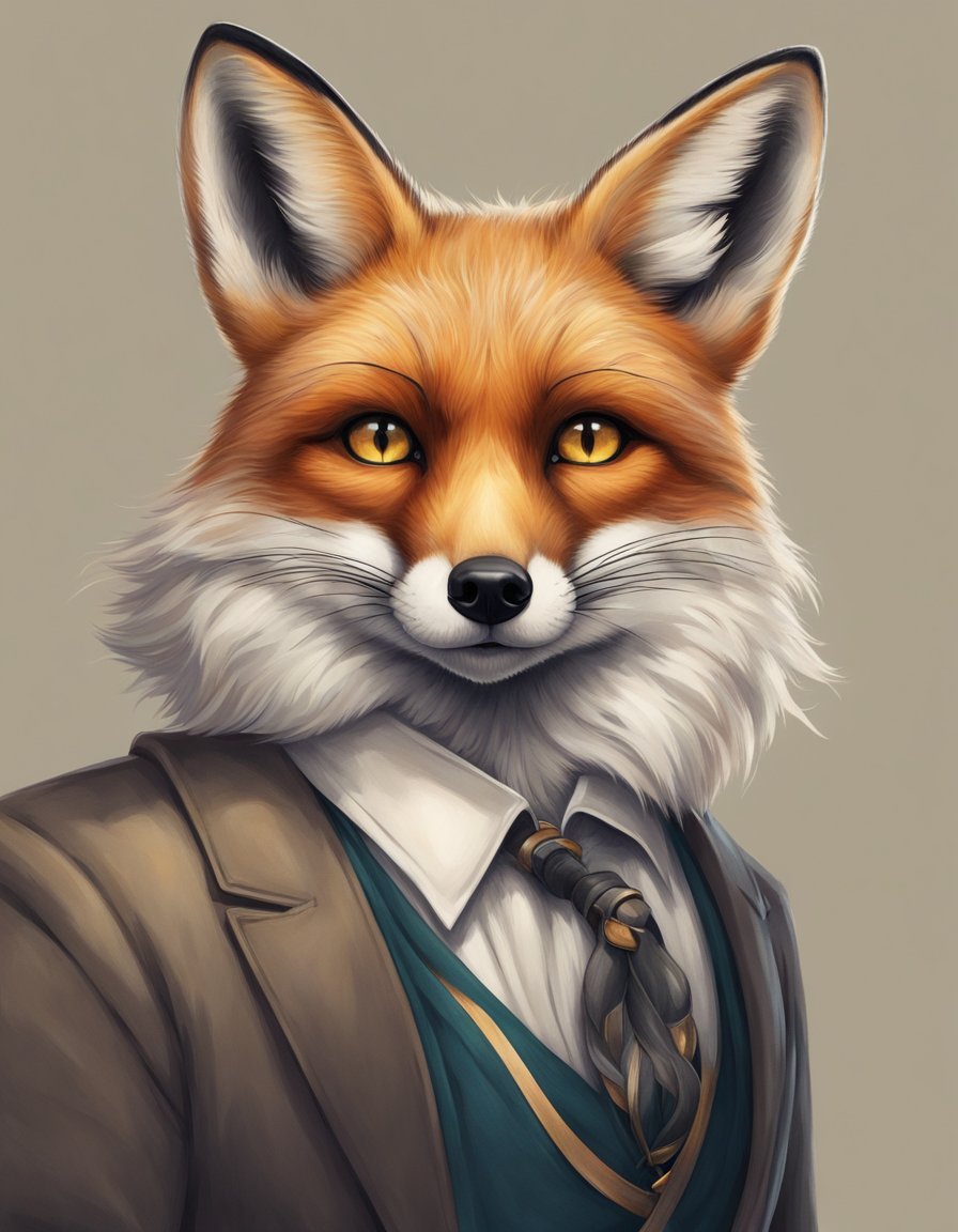 A sly fox with piercing eyes and a mischievous grin, standing proudly with its chest puffed out, exuding an air of intelligence and cunning