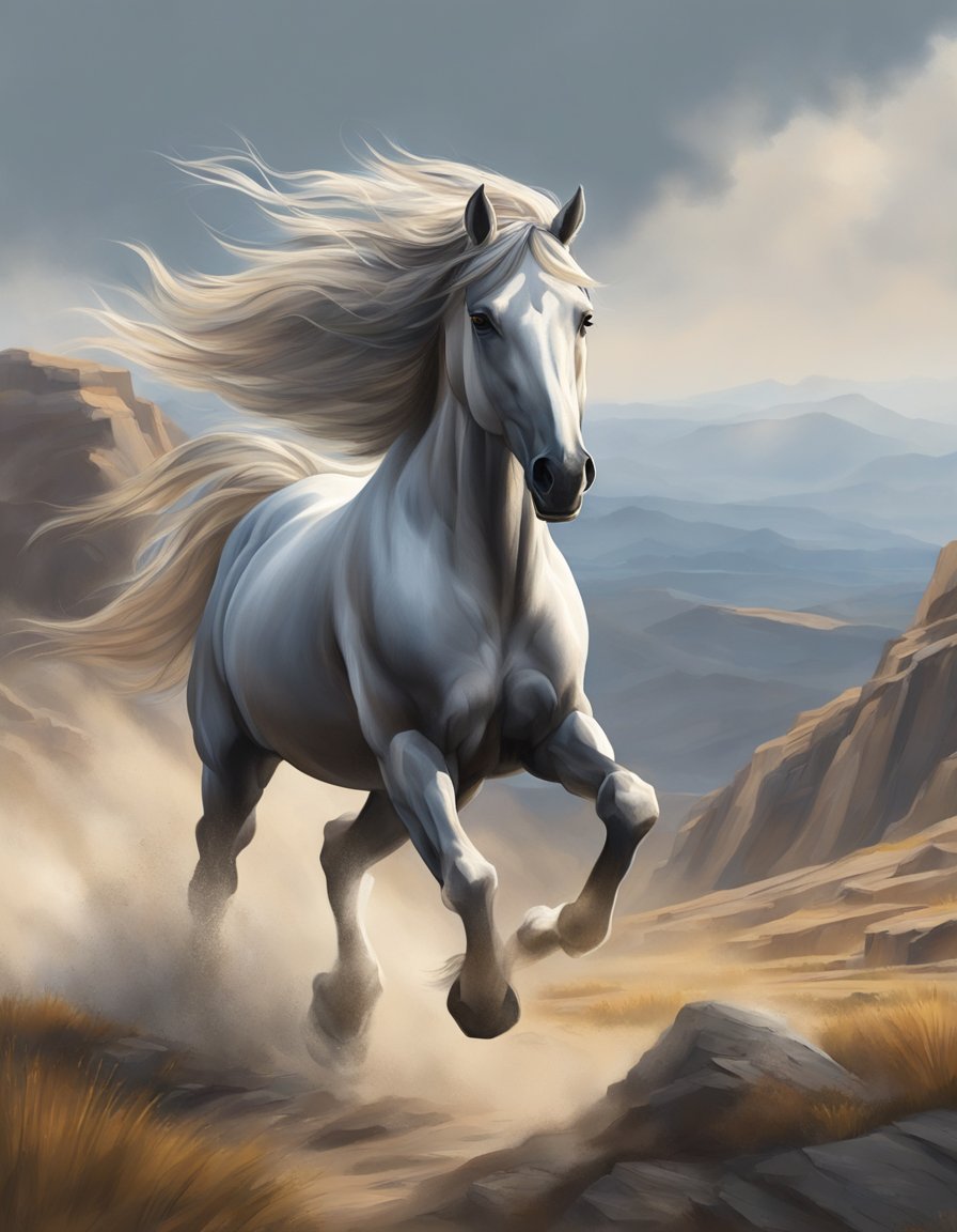 A powerful horse gallops through a rugged landscape, its mane flowing in the wind, symbolizing endurance and strength