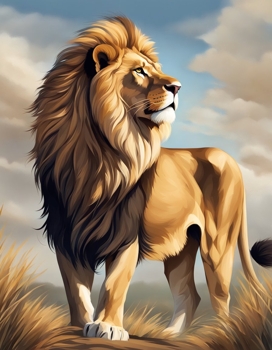 A majestic lion standing proudly, with a mane flowing in the wind, exuding strength and courage as the emblem of the top 20 spirit animals