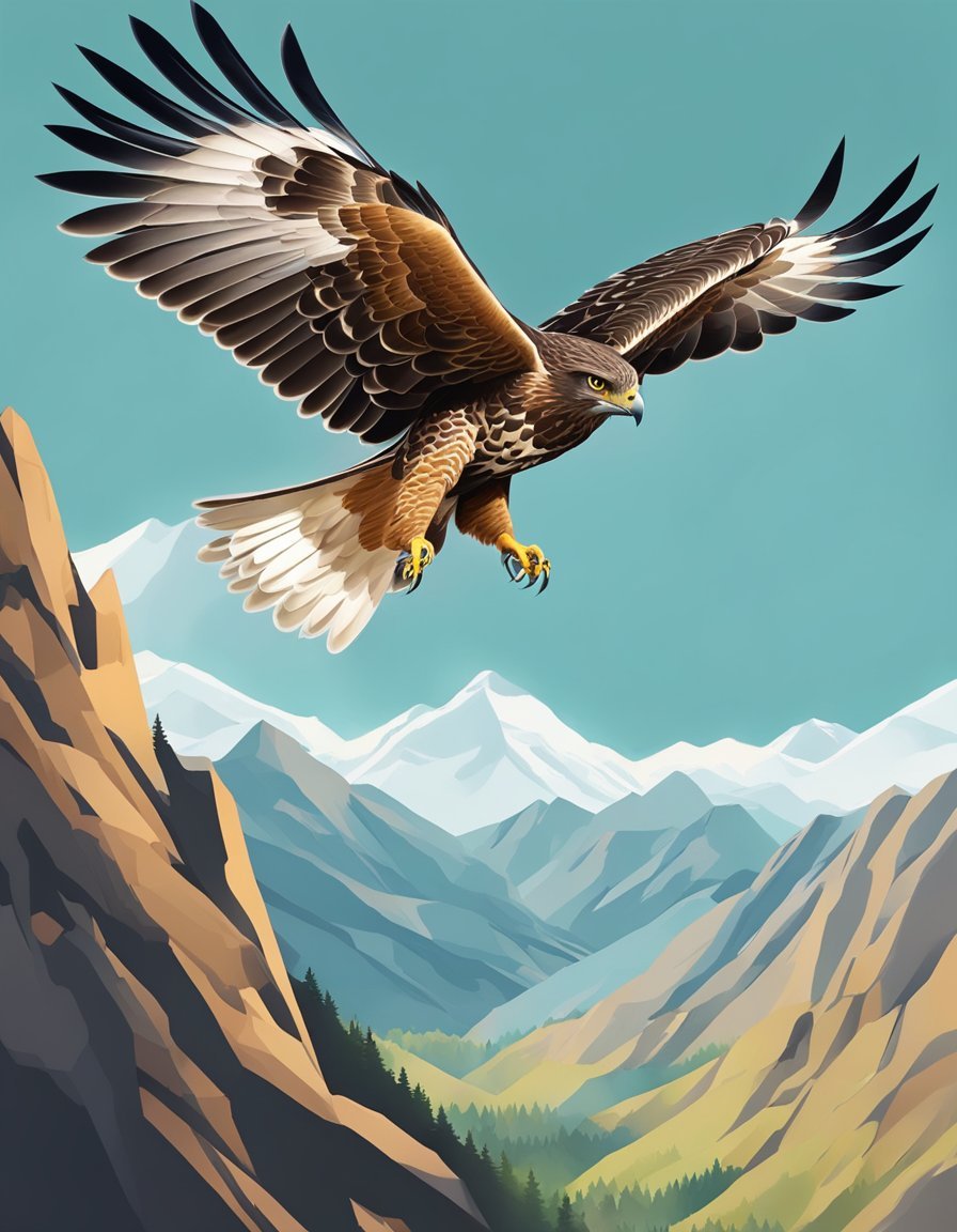 A hawk soaring high above a mountain range, its keen eyes scanning the vast landscape below, representing vision and intuition