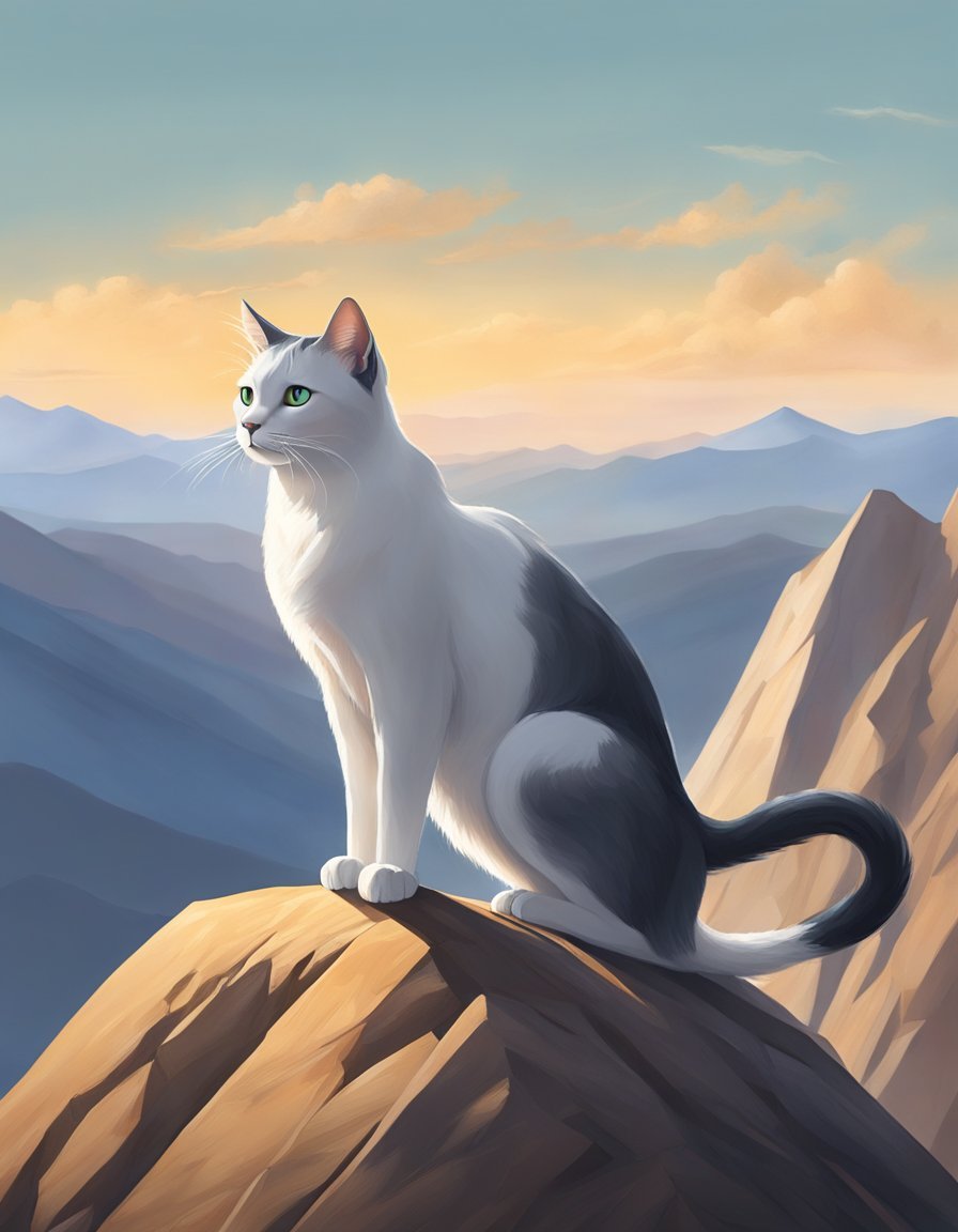 A sleek cat stands atop a mountain peak, gazing out at the vast horizon, embodying independence and strength