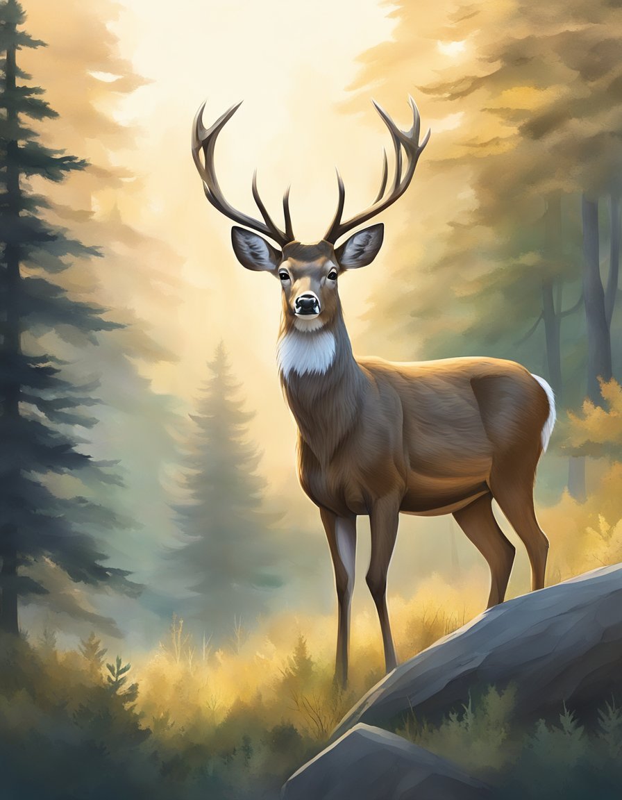 A deer standing gracefully, surrounded by a serene and peaceful forest setting