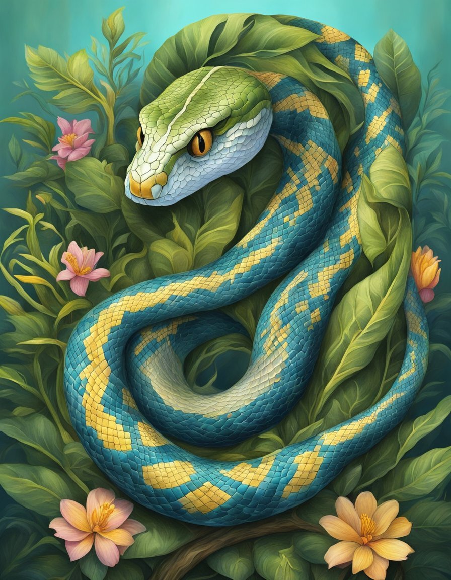 A snake shedding its old skin, emerging vibrant and renewed.</p><p>Surrounding it, symbols of rebirth and growth