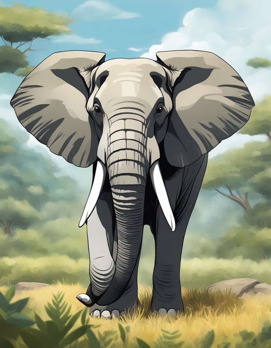 An elephant standing calmly, surrounded by nature, exuding a sense of tranquility and strength.</p><p>Its large ears are spread wide, symbolizing patience and wisdom