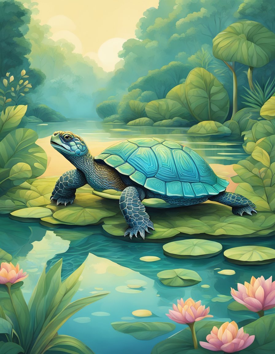 A wise turtle, with a shell adorned in intricate patterns, gazes serenely over a tranquil pond, surrounded by lush greenery