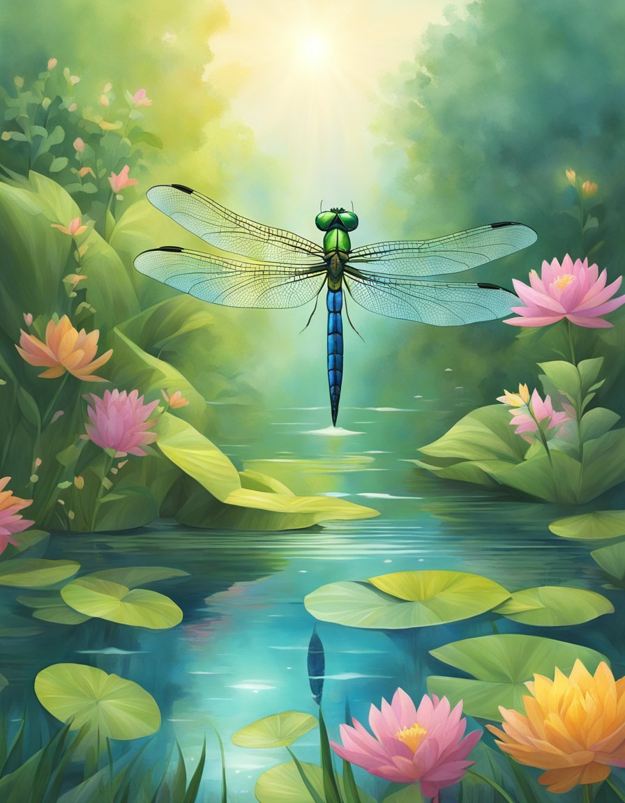 A dragonfly hovers above a serene pond, its iridescent wings catching the sunlight.</p><p>Surrounding it, lush greenery and colorful flowers symbolize growth and transformation