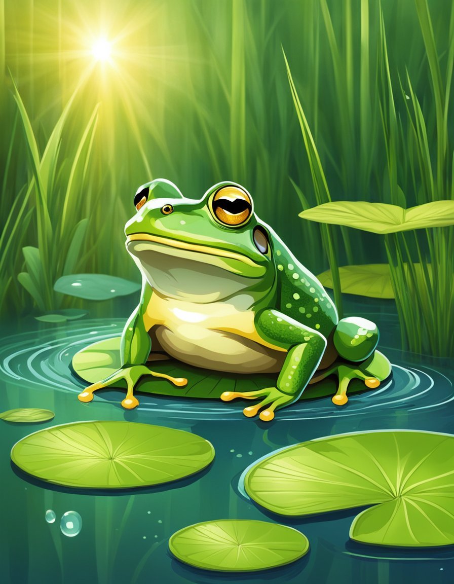 A frog sits on a lily pad, surrounded by vibrant green reeds and sparkling water.</p><p>The sun shines down, casting a warm glow on the emblem of renewal