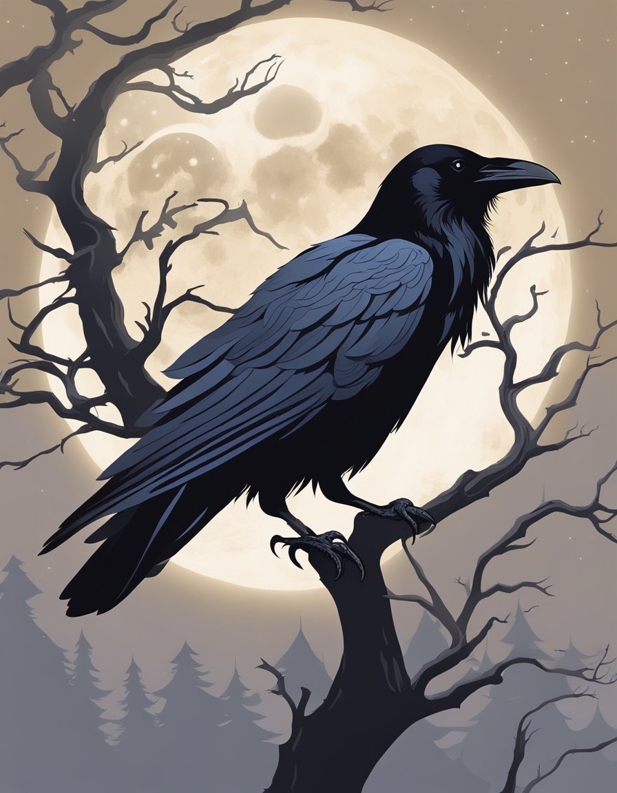 A raven perched on a gnarled tree branch, silhouetted against a full moon, with mist swirling around its sleek feathers