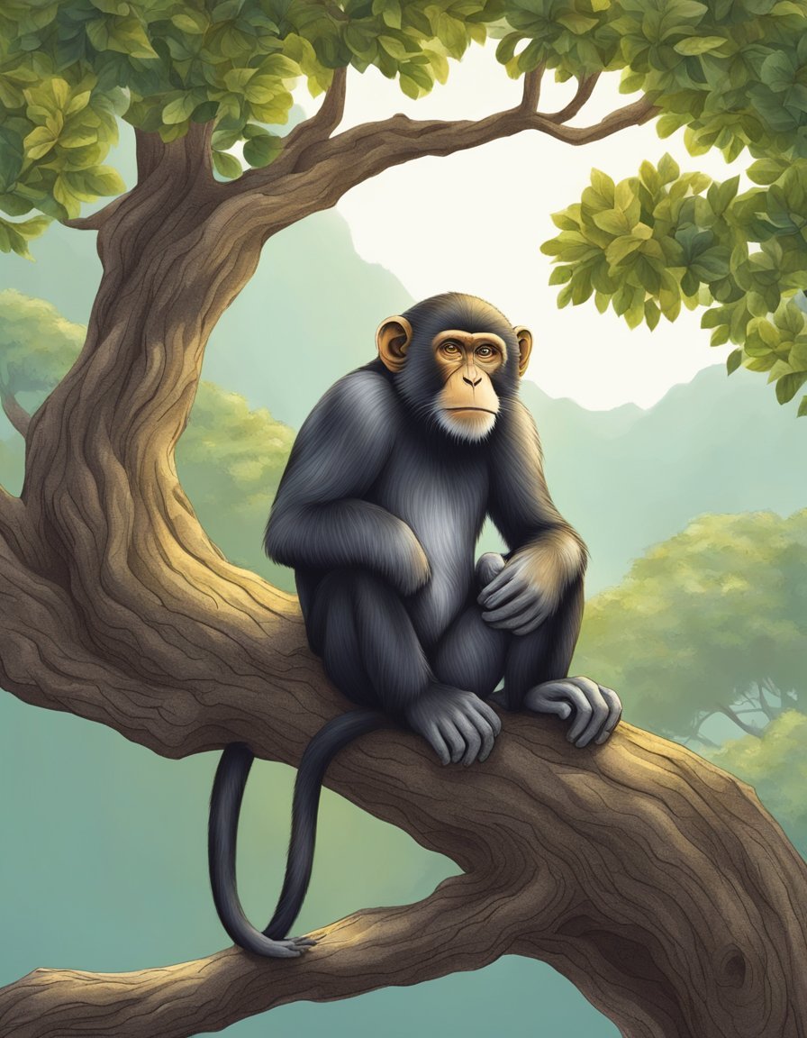 A monkey sits atop a tree, gazing out with a wise and knowing expression, symbolizing intelligence and wisdom