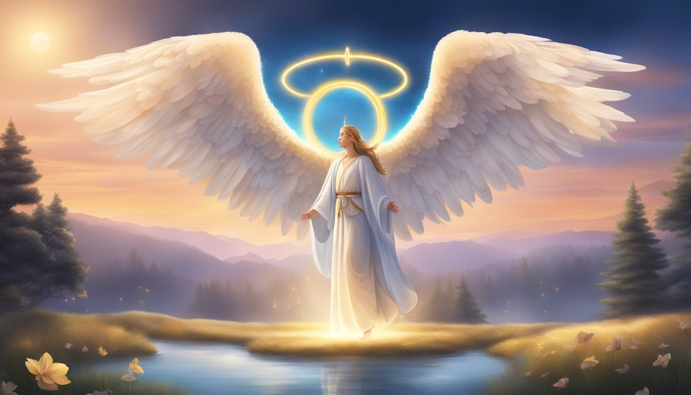 A glowing 1030 angel number hovers above a serene landscape, surrounded by symbols of peace, wisdom, and guidance