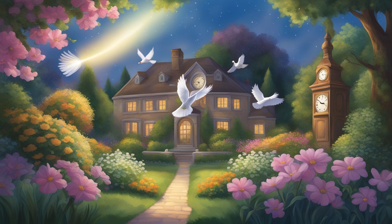 A beam of light shines down on a garden with blooming flowers, while a pair of doves fly overhead, and a clock displays the time as 10:30