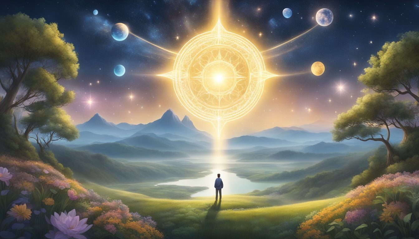 A glowing celestial figure hovers above a tranquil landscape, surrounded by symbols of growth and abundance